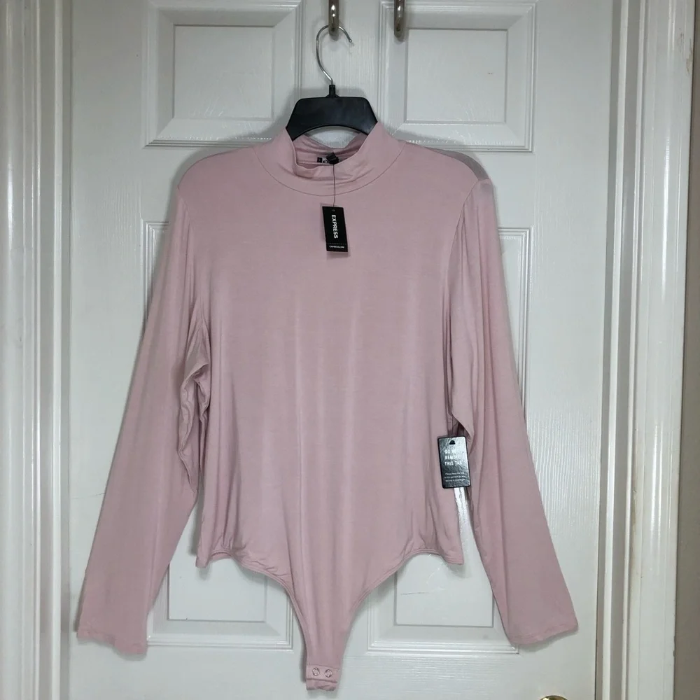 Express Stretchy Soft Light Pink Lined Front Monk Long Sleeve‎ Thong Bodysuit XL